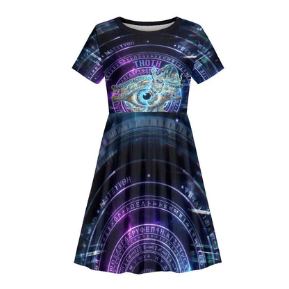 Thoth Ancient Egyptian Cosmic Kid Short Sleeve Dress with Sacred Eye and Baboon Symbol Theme