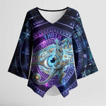 Thoth Ancient Egyptian Cosmic Kimono Sleeve Blouse with Sacred Eye and Baboon Symbol Theme
