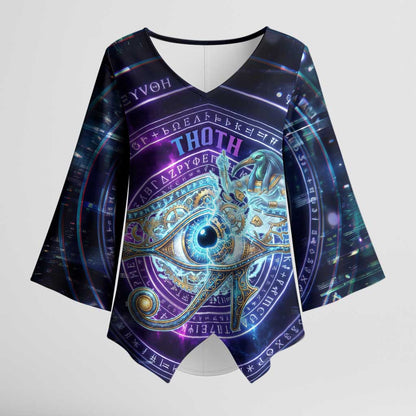 Thoth Ancient Egyptian Cosmic Kimono Sleeve Blouse with Sacred Eye and Baboon Symbol Theme