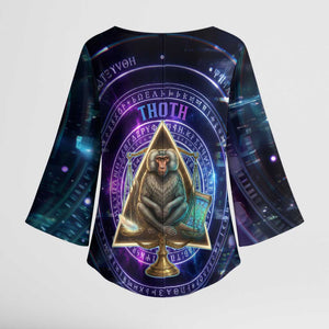 Thoth Ancient Egyptian Cosmic Kimono Sleeve Blouse with Sacred Eye and Baboon Symbol Theme