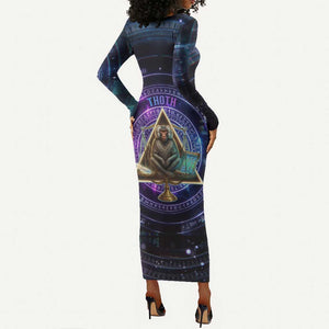Thoth Ancient Egyptian Cosmic Long Sleeve Bodycon Dress with Sacred Eye and Baboon Symbol Theme