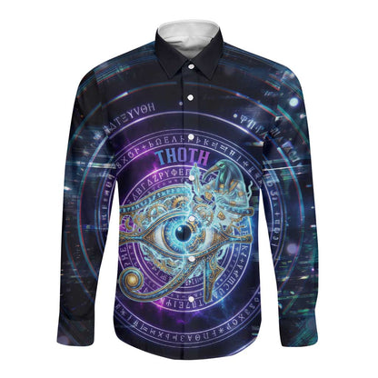 Thoth Ancient Egyptian Cosmic Long Sleeve Button Shirt with Sacred Eye and Baboon Symbol Theme