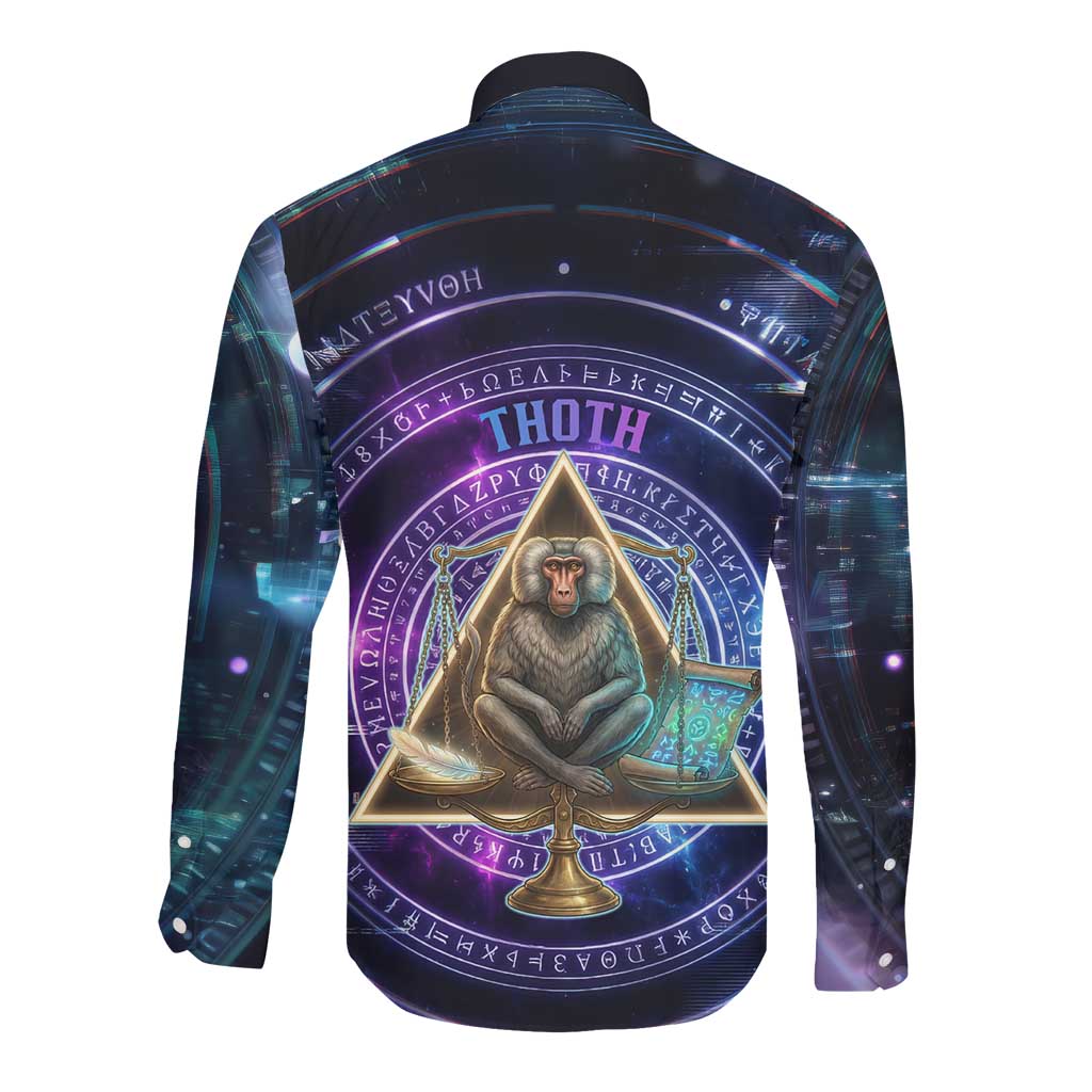 Thoth Ancient Egyptian Cosmic Long Sleeve Button Shirt with Sacred Eye and Baboon Symbol Theme
