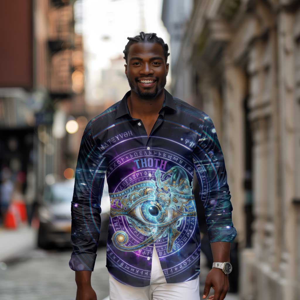 Thoth Ancient Egyptian Cosmic Long Sleeve Button Shirt with Sacred Eye and Baboon Symbol Theme