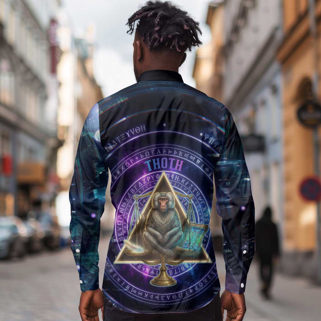 Thoth Ancient Egyptian Cosmic Long Sleeve Button Shirt with Sacred Eye and Baboon Symbol Theme