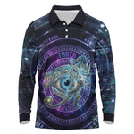 Thoth Ancient Egyptian Cosmic Long Sleeve Polo Shirt with Sacred Eye and Baboon Symbol Theme