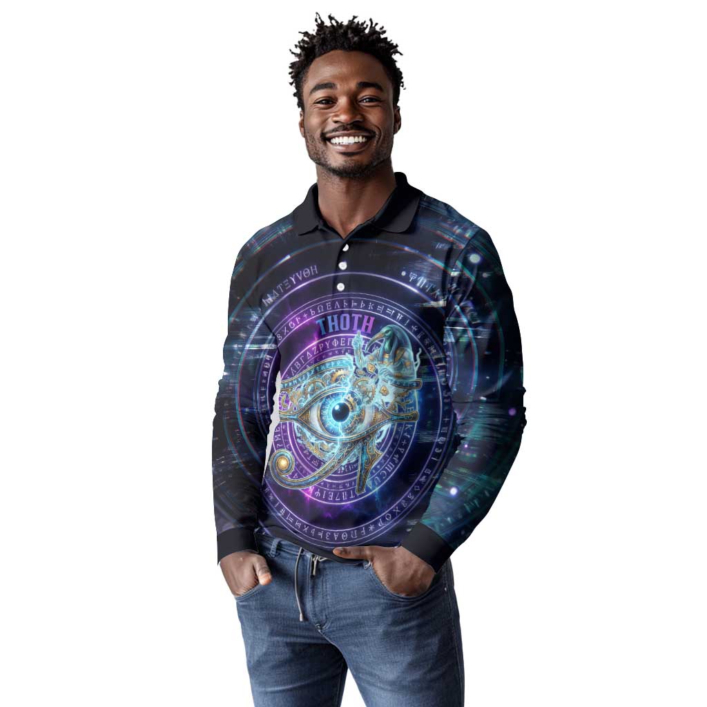 Thoth Ancient Egyptian Cosmic Long Sleeve Polo Shirt with Sacred Eye and Baboon Symbol Theme