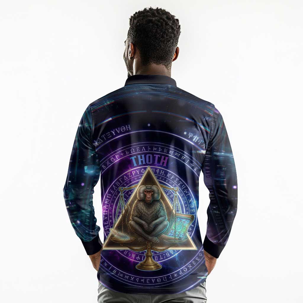 Thoth Ancient Egyptian Cosmic Long Sleeve Polo Shirt with Sacred Eye and Baboon Symbol Theme