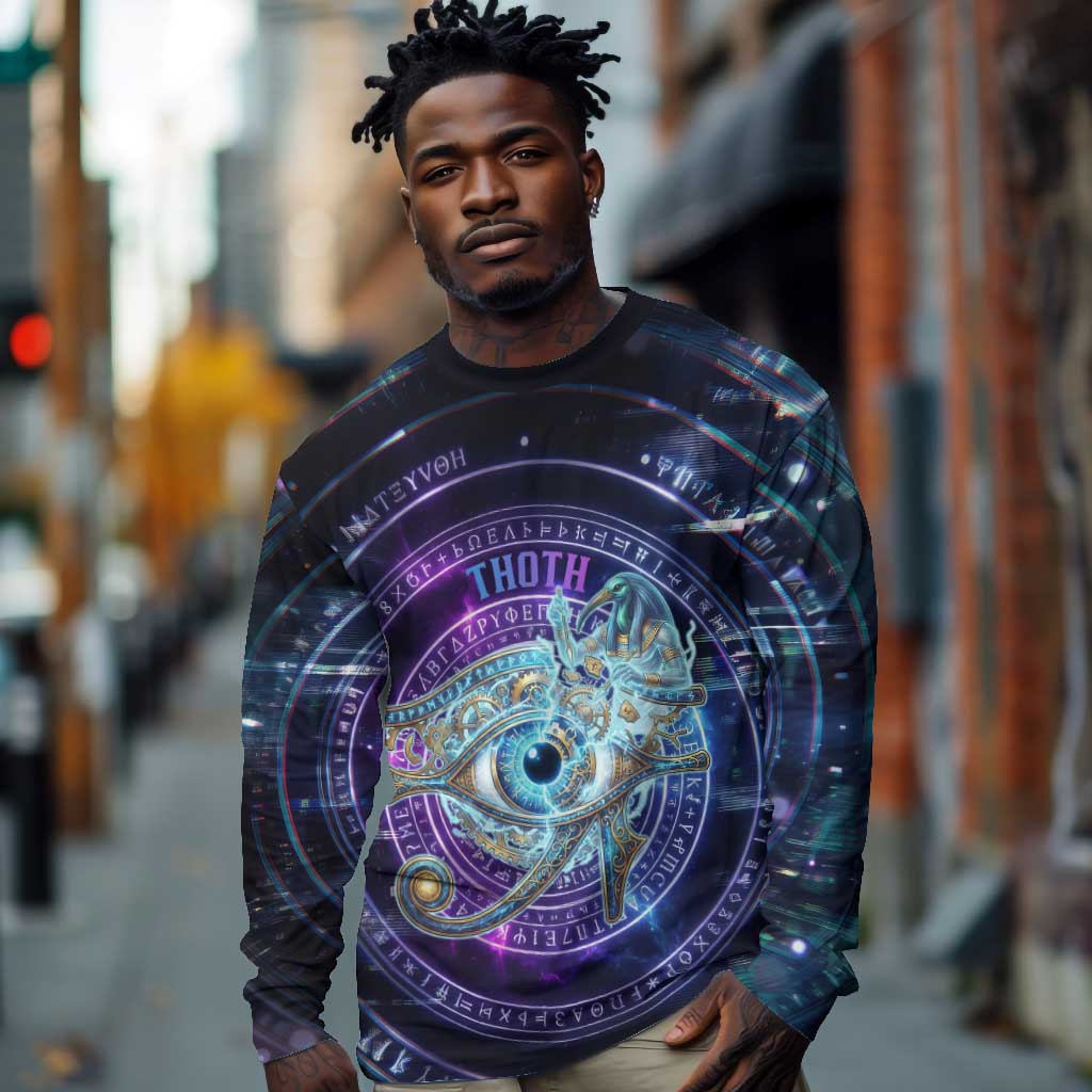 Thoth Ancient Egyptian Cosmic Long Sleeve Shirt with Sacred Eye and Baboon Symbol Theme