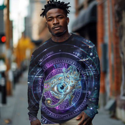 Thoth Ancient Egyptian Cosmic Long Sleeve Shirt with Sacred Eye and Baboon Symbol Theme
