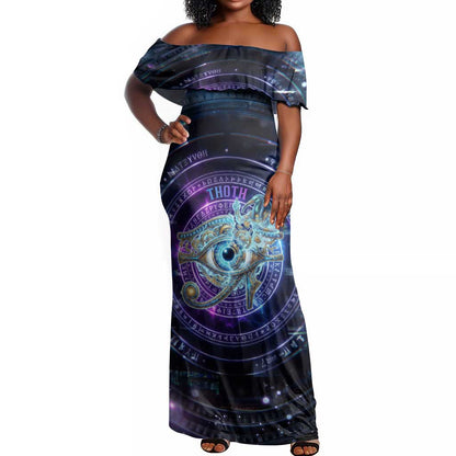 Thoth Ancient Egyptian Cosmic Off Shoulder Maxi Dress with Sacred Eye and Baboon Symbol Theme