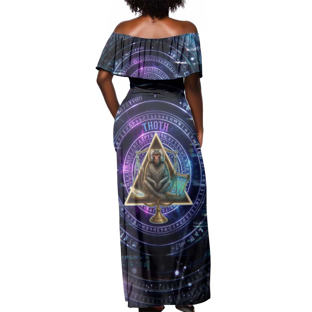 Thoth Ancient Egyptian Cosmic Off Shoulder Maxi Dress with Sacred Eye and Baboon Symbol Theme