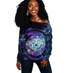 Thoth Ancient Egyptian Cosmic Off Shoulder Sweater with Sacred Eye and Baboon Symbol Theme