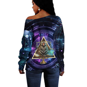 Thoth Ancient Egyptian Cosmic Off Shoulder Sweater with Sacred Eye and Baboon Symbol Theme