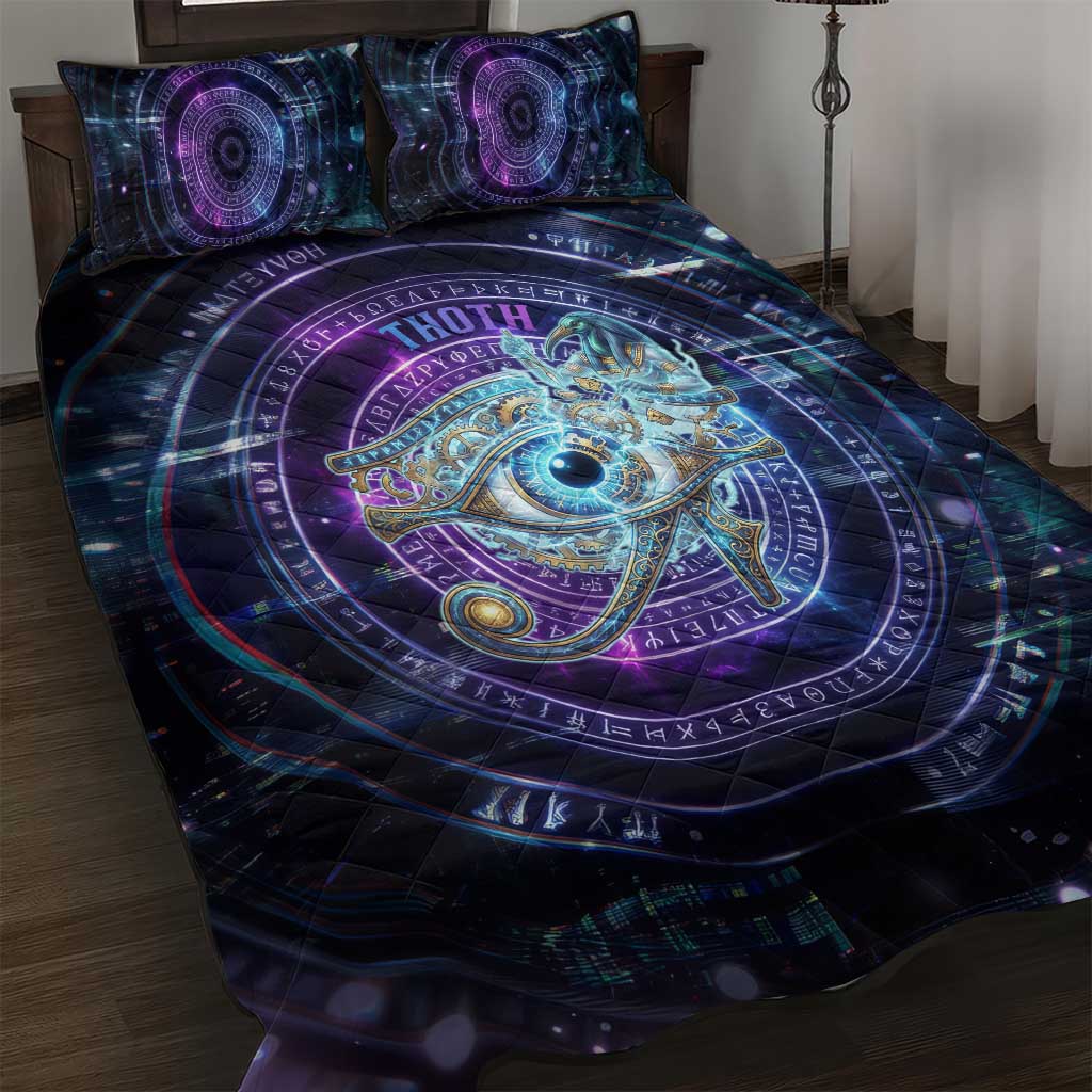 Thoth Ancient Egyptian Cosmic Quilt Bed Set with Sacred Eye and Baboon Symbol Theme