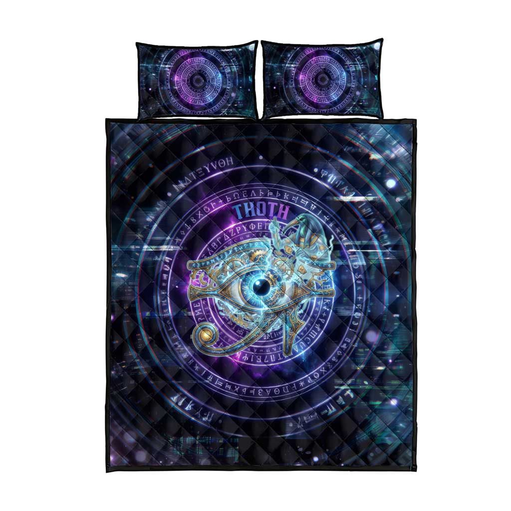 Thoth Ancient Egyptian Cosmic Quilt Bed Set with Sacred Eye and Baboon Symbol Theme