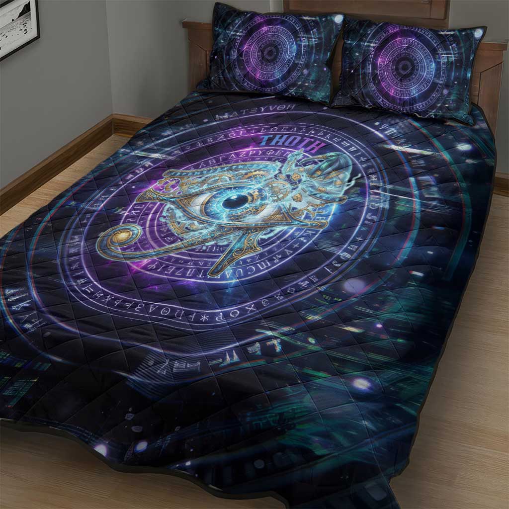 Thoth Ancient Egyptian Cosmic Quilt Bed Set with Sacred Eye and Baboon Symbol Theme