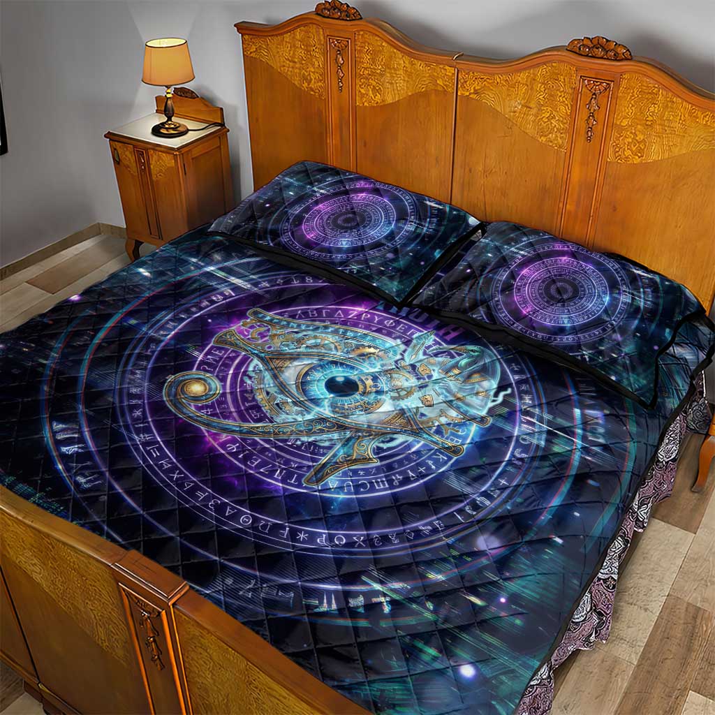 Thoth Ancient Egyptian Cosmic Quilt Bed Set with Sacred Eye and Baboon Symbol Theme