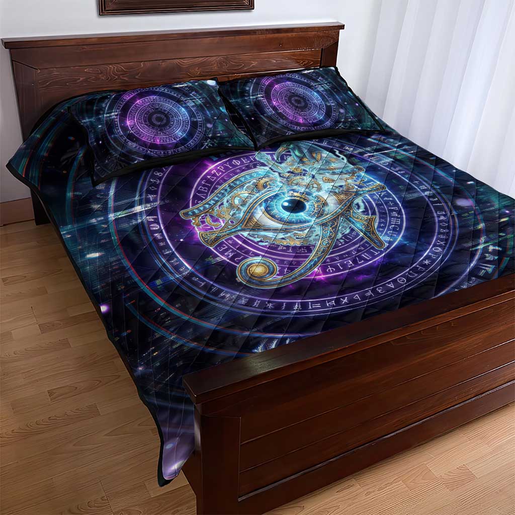 Thoth Ancient Egyptian Cosmic Quilt Bed Set with Sacred Eye and Baboon Symbol Theme