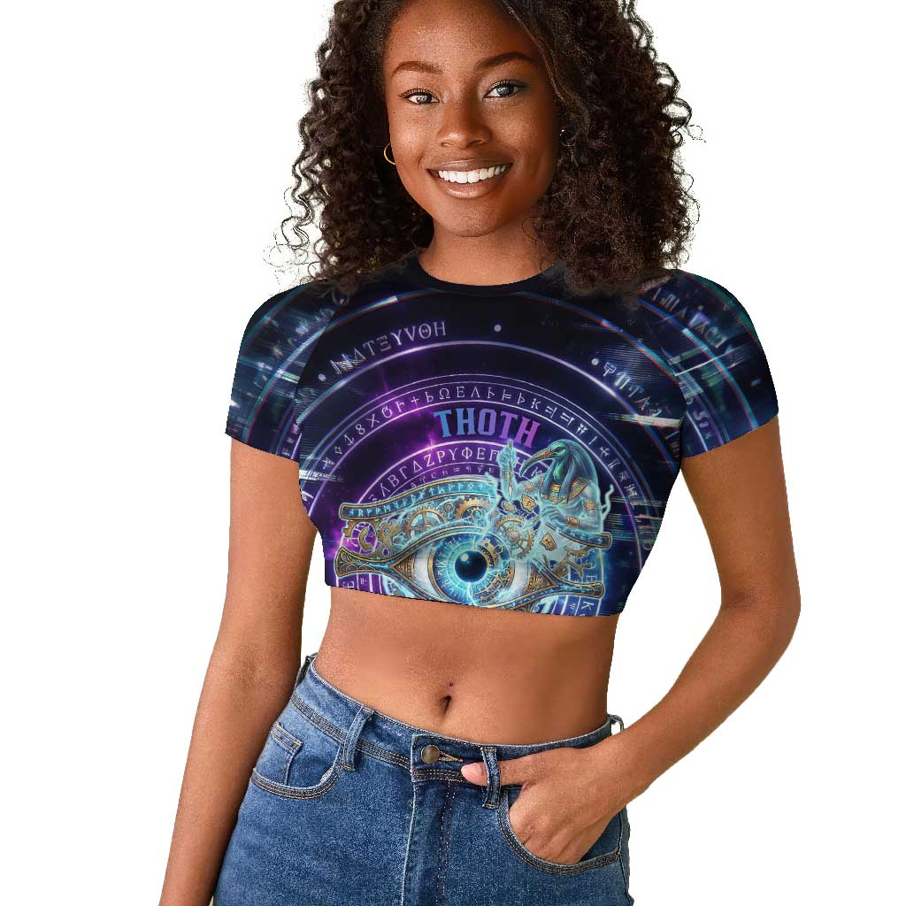 Thoth Ancient Egyptian Cosmic Raglan Cropped T shirt with Sacred Eye and Baboon Symbol Theme