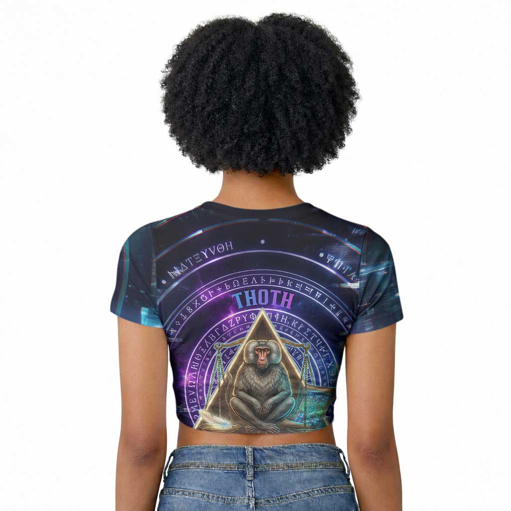 Thoth Ancient Egyptian Cosmic Raglan Cropped T shirt with Sacred Eye and Baboon Symbol Theme