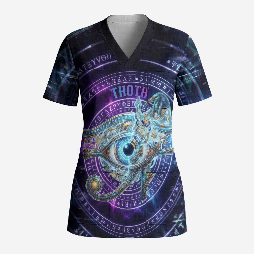 Thoth Ancient Egyptian Cosmic Scrub Top with Sacred Eye and Baboon Symbol Theme
