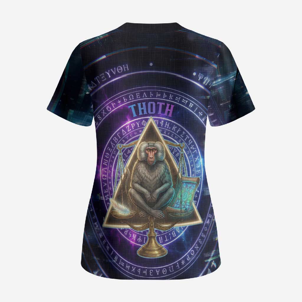 Thoth Ancient Egyptian Cosmic Scrub Top with Sacred Eye and Baboon Symbol Theme