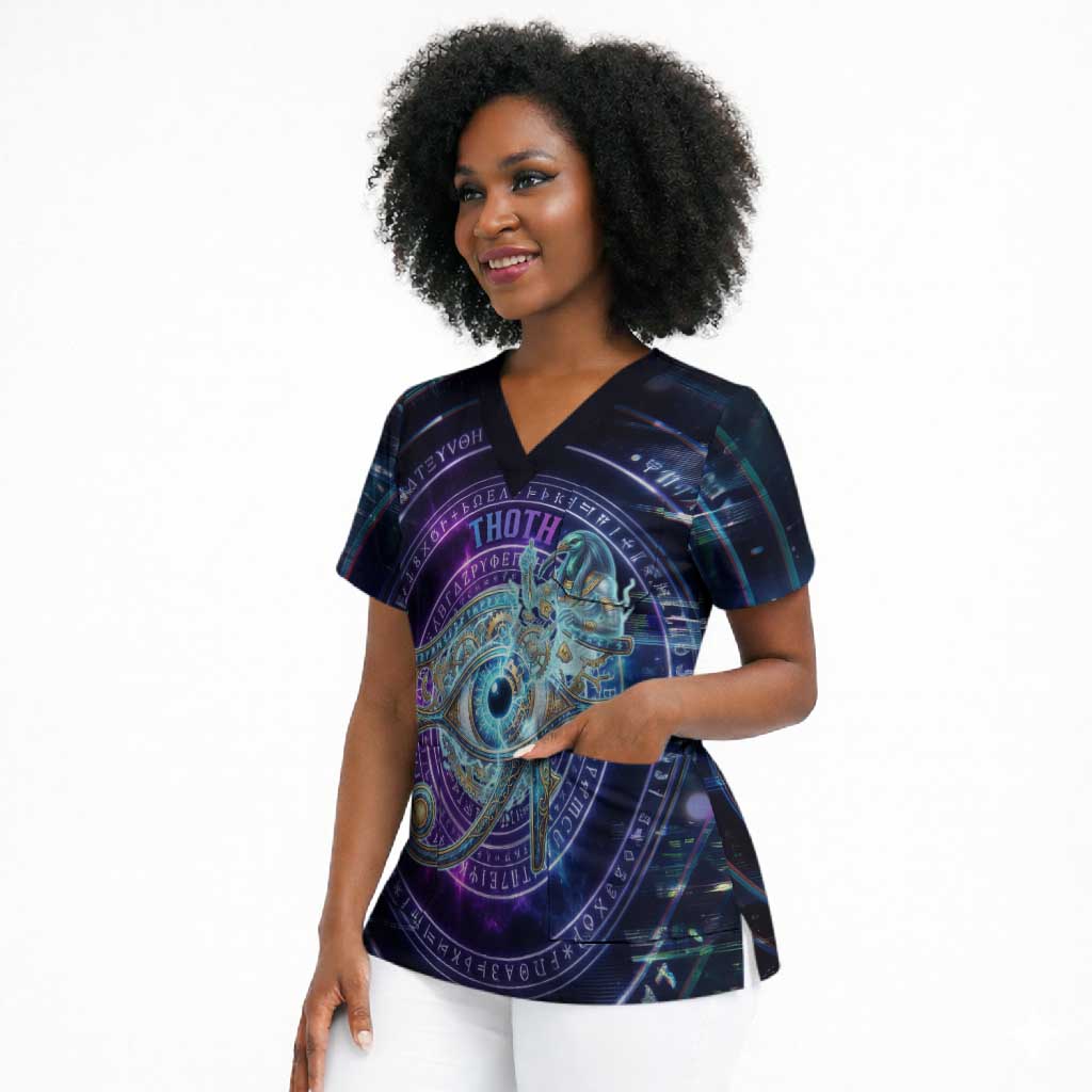 Thoth Ancient Egyptian Cosmic Scrub Top with Sacred Eye and Baboon Symbol Theme