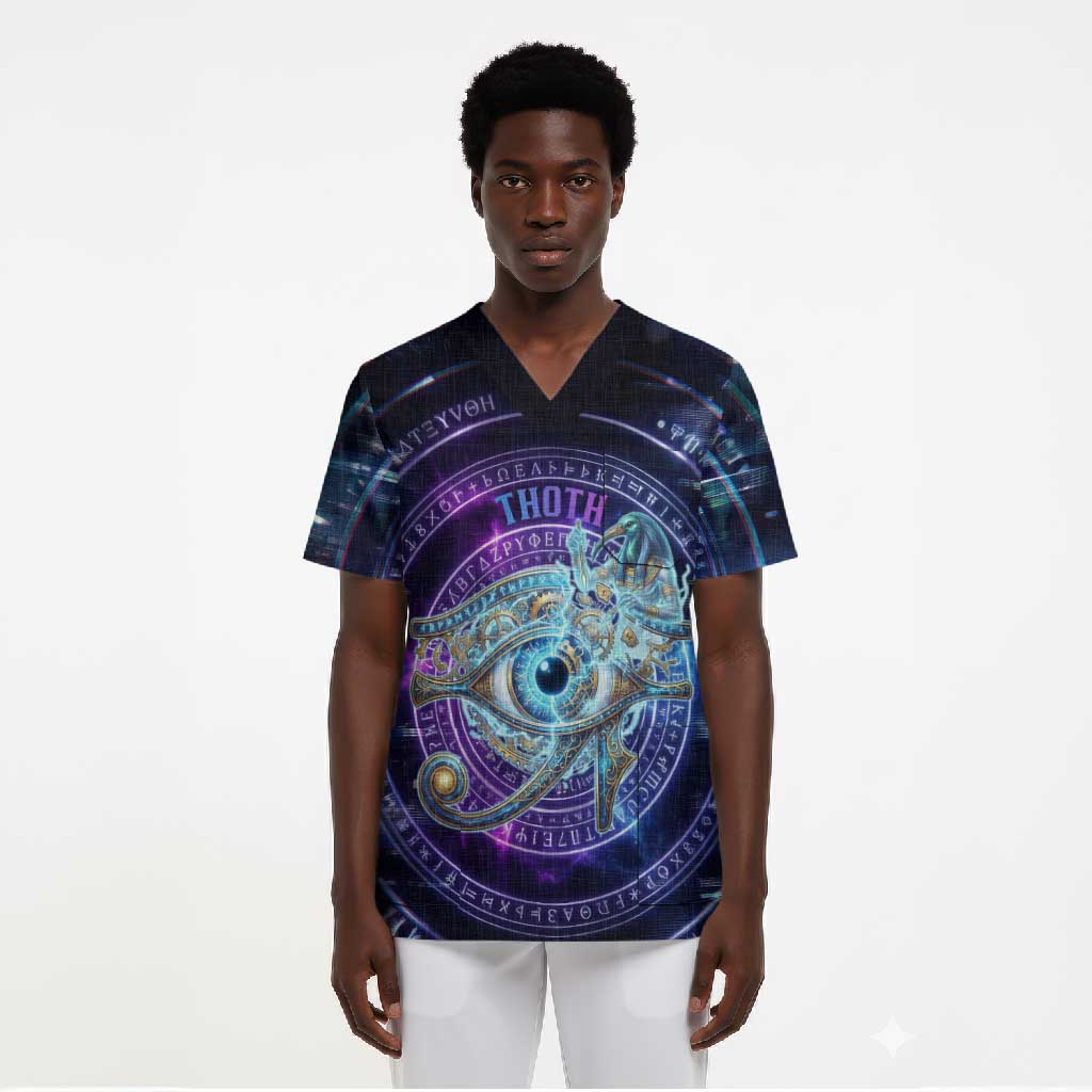 Thoth Ancient Egyptian Cosmic Scrub Top with Sacred Eye and Baboon Symbol Theme