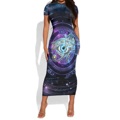 Thoth Ancient Egyptian Cosmic Short Sleeve Bodycon Dress with Sacred Eye and Baboon Symbol Theme
