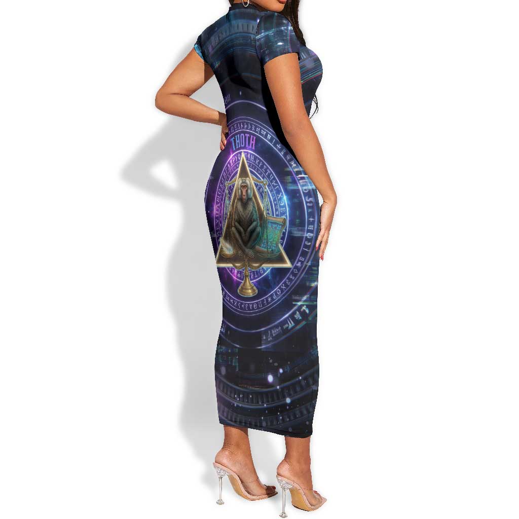 Thoth Ancient Egyptian Cosmic Short Sleeve Bodycon Dress with Sacred Eye and Baboon Symbol Theme