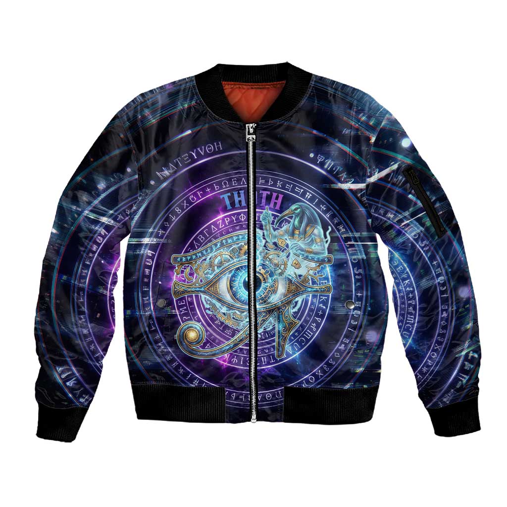 Thoth Ancient Egyptian Cosmic Sleeve Zip Bomber Jacket with Sacred Eye and Baboon Symbol Theme