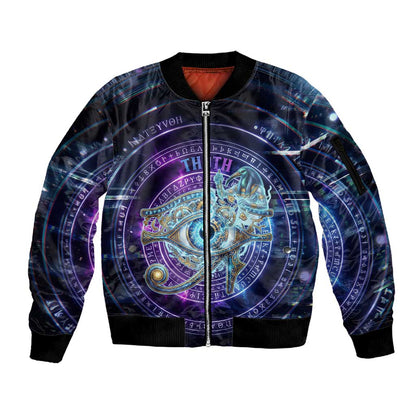 Thoth Ancient Egyptian Cosmic Sleeve Zip Bomber Jacket with Sacred Eye and Baboon Symbol Theme