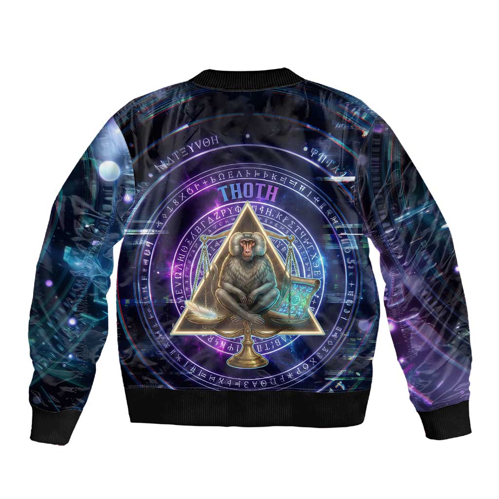 Thoth Ancient Egyptian Cosmic Sleeve Zip Bomber Jacket with Sacred Eye and Baboon Symbol Theme