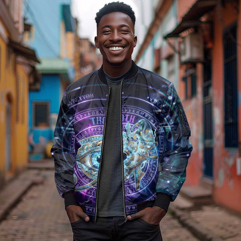 Thoth Ancient Egyptian Cosmic Sleeve Zip Bomber Jacket with Sacred Eye and Baboon Symbol Theme