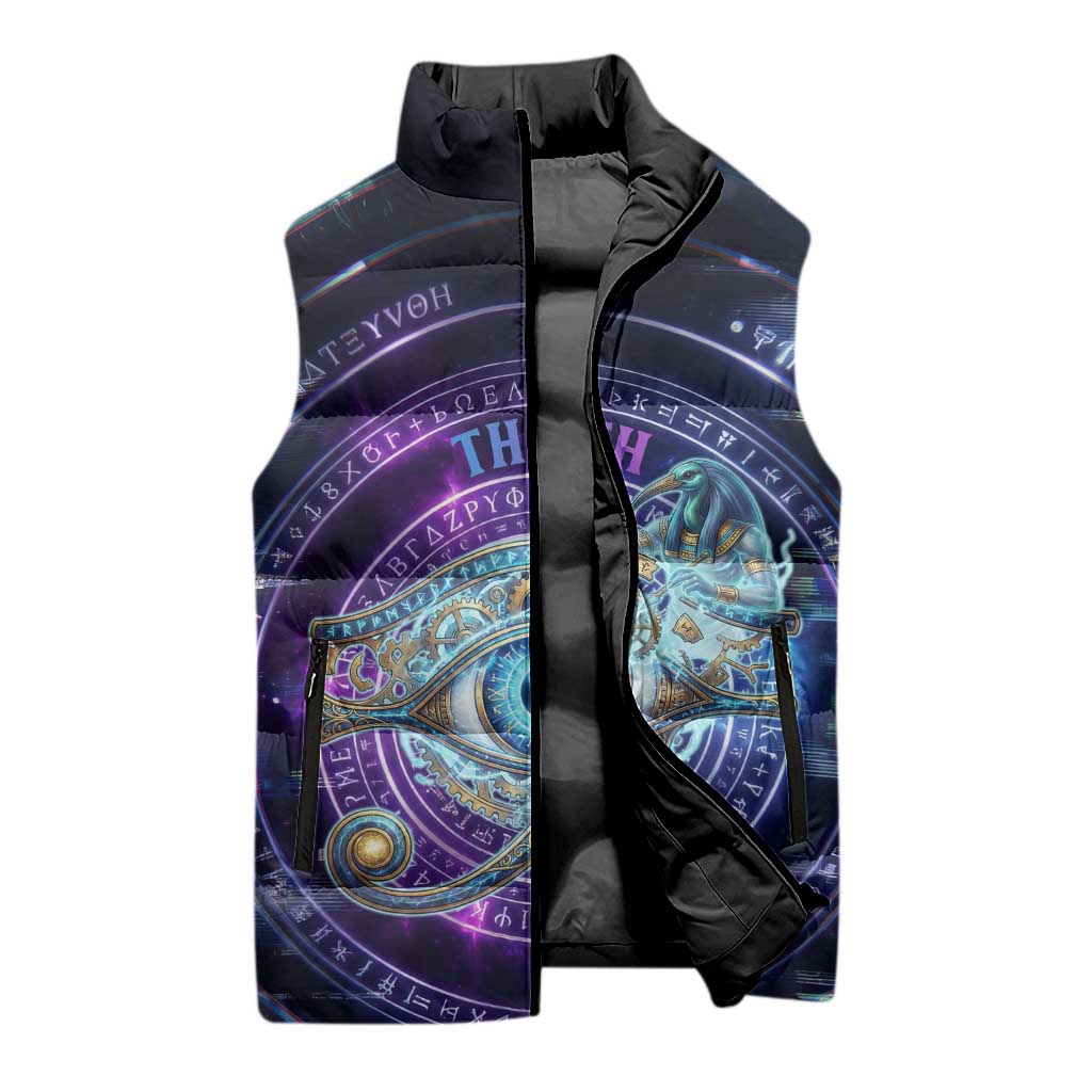 Thoth Ancient Egyptian Cosmic Sleeveless Puffer Jacket with Sacred Eye and Baboon Symbol Theme