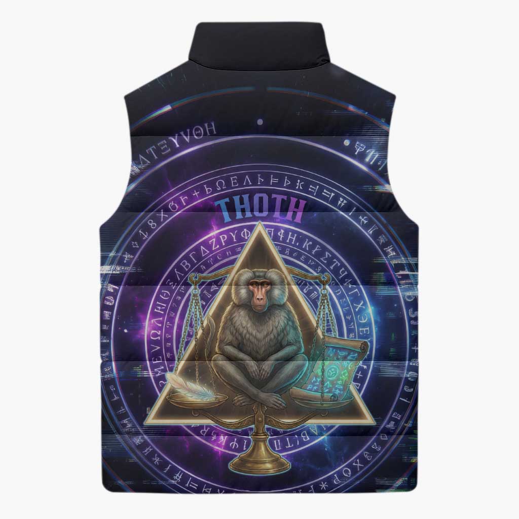 Thoth Ancient Egyptian Cosmic Sleeveless Puffer Jacket with Sacred Eye and Baboon Symbol Theme