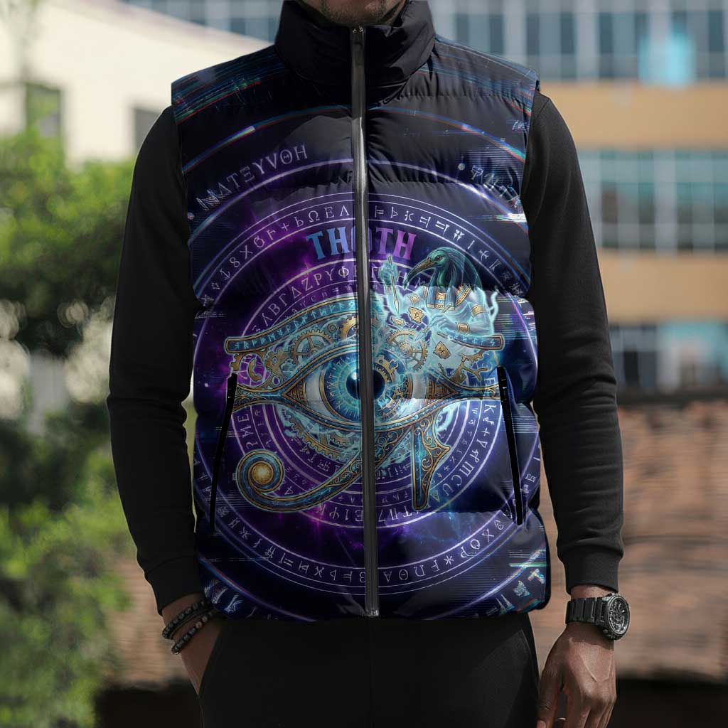 Thoth Ancient Egyptian Cosmic Sleeveless Puffer Jacket with Sacred Eye and Baboon Symbol Theme