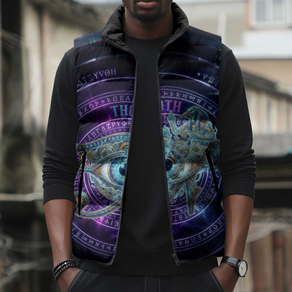 Thoth Ancient Egyptian Cosmic Sleeveless Puffer Jacket with Sacred Eye and Baboon Symbol Theme