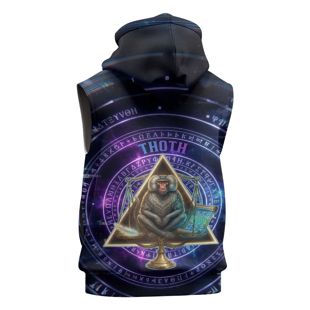Thoth Ancient Egyptian Cosmic Sleeveless Zip Hoodie with Sacred Eye and Baboon Symbol Theme