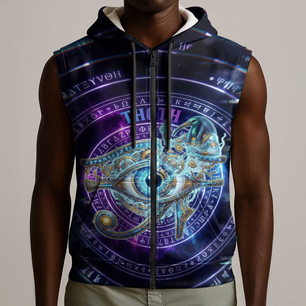 Thoth Ancient Egyptian Cosmic Sleeveless Zip Hoodie with Sacred Eye and Baboon Symbol Theme