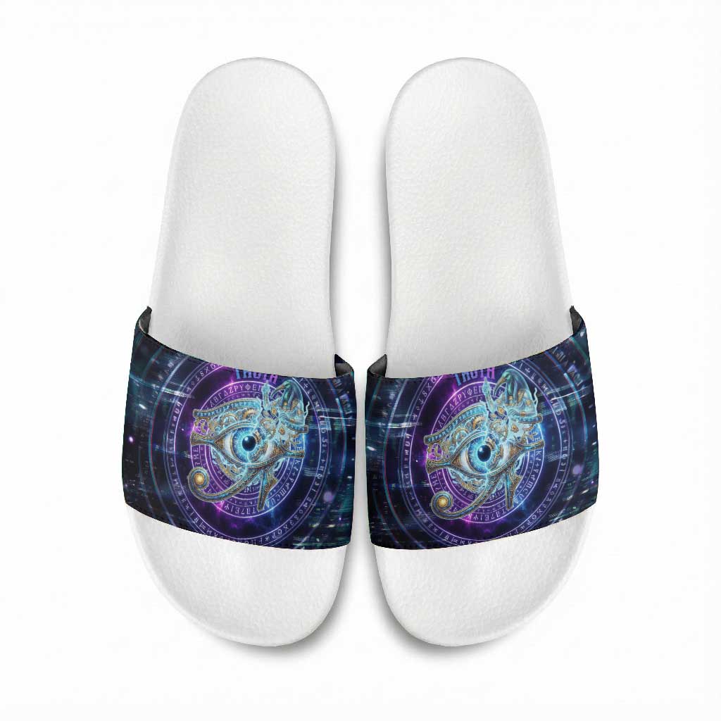 Thoth Ancient Egyptian Cosmic Slide Sandals with Sacred Eye and Baboon Symbol Theme