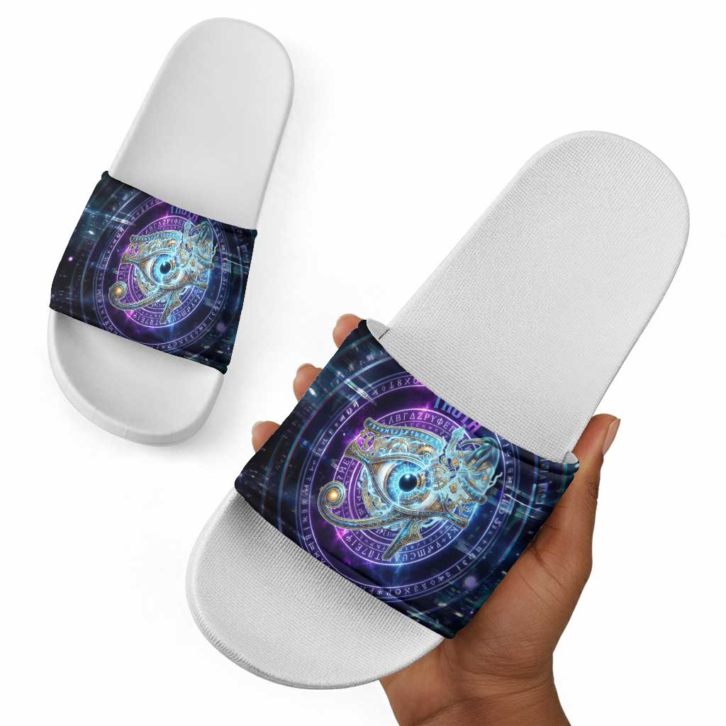 Thoth Ancient Egyptian Cosmic Slide Sandals with Sacred Eye and Baboon Symbol Theme