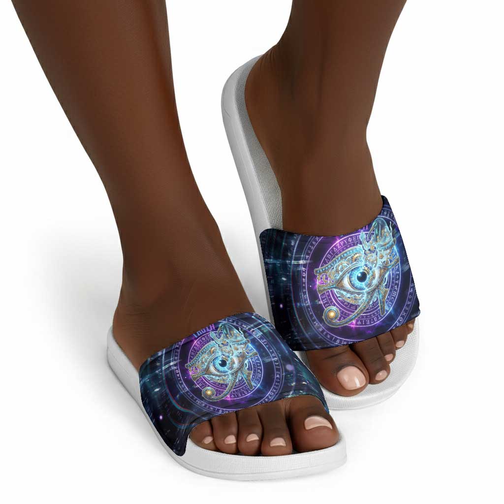 Thoth Ancient Egyptian Cosmic Slide Sandals with Sacred Eye and Baboon Symbol Theme