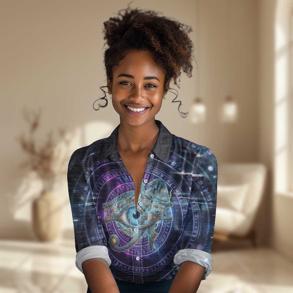 Thoth Ancient Egyptian Cosmic Women Casual Shirt with Sacred Eye and Baboon Symbol Theme