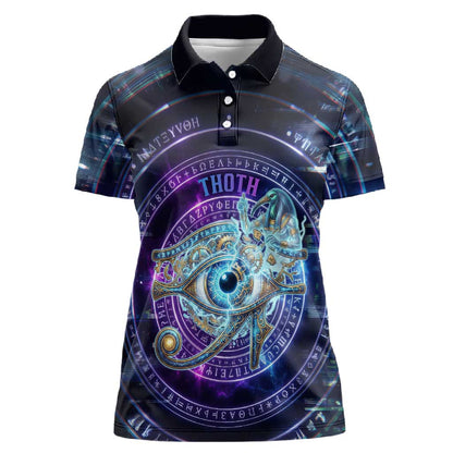 Thoth Ancient Egyptian Cosmic Women Polo Shirt with Sacred Eye and Baboon Symbol Theme