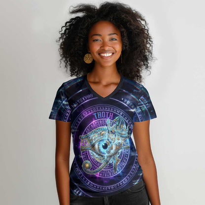 Thoth Ancient Egyptian Cosmic Women V-Neck T-Shirt with Sacred Eye and Baboon Symbol Theme