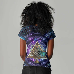 Thoth Ancient Egyptian Cosmic Women V-Neck T-Shirt with Sacred Eye and Baboon Symbol Theme