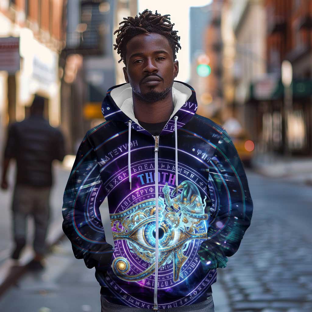 Thoth Ancient Egyptian Cosmic Zip Hoodie with Sacred Eye and Baboon Symbol Theme