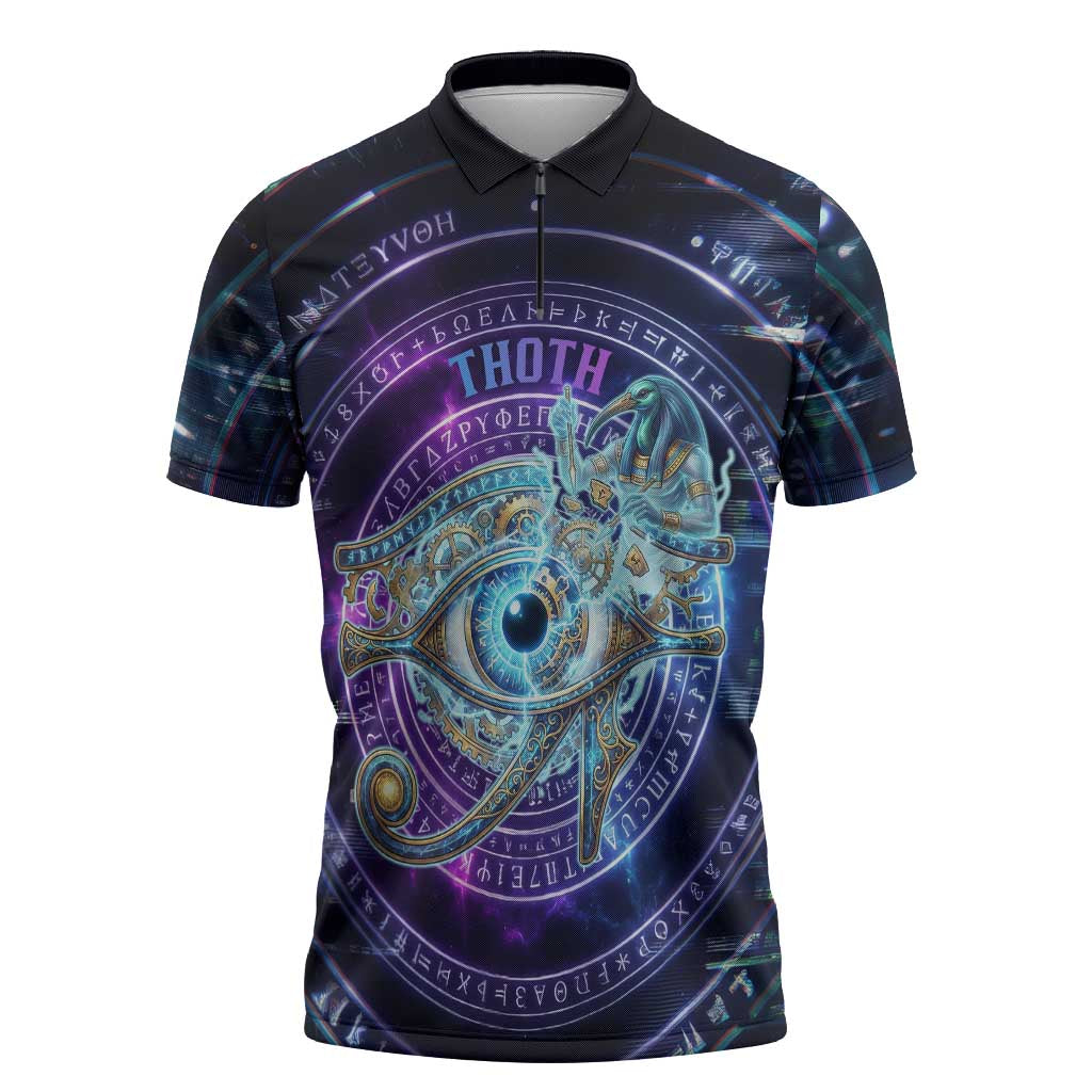 Thoth Ancient Egyptian Cosmic Zipper Polo Shirt with Sacred Eye and Baboon Symbol Theme